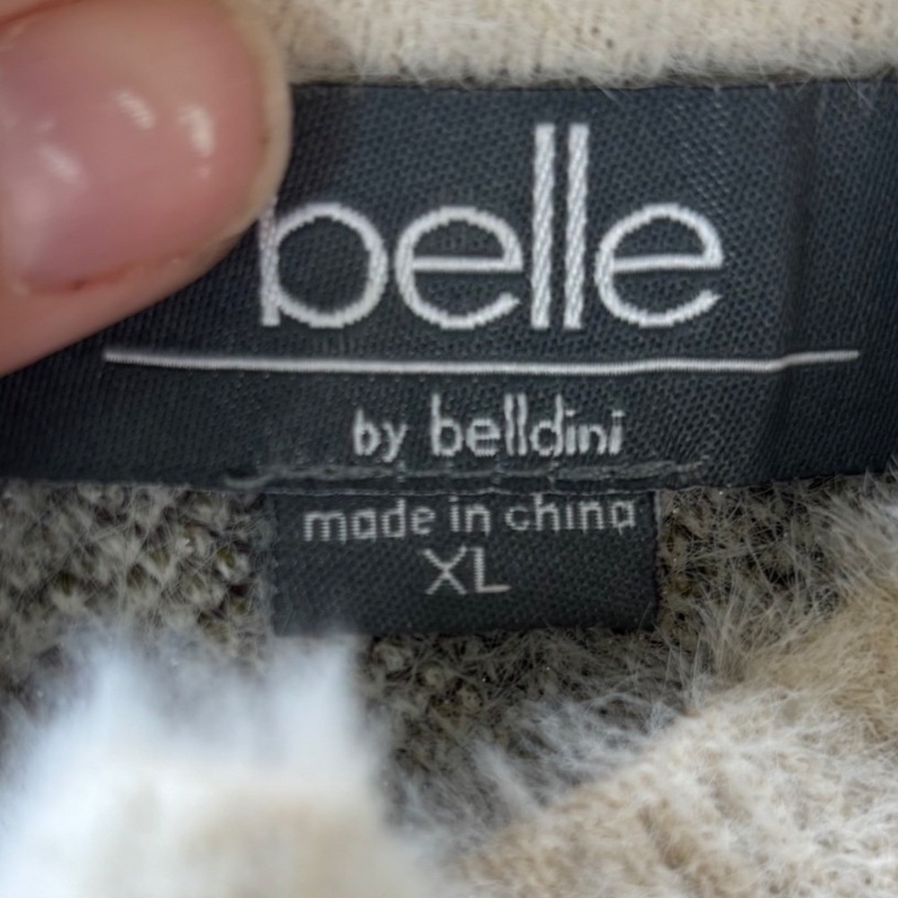 Belle by Belldini XL Cream Black Plaid Mock Neck Fuzzy Eyelash Knit Sweater - Picture 3 of 4